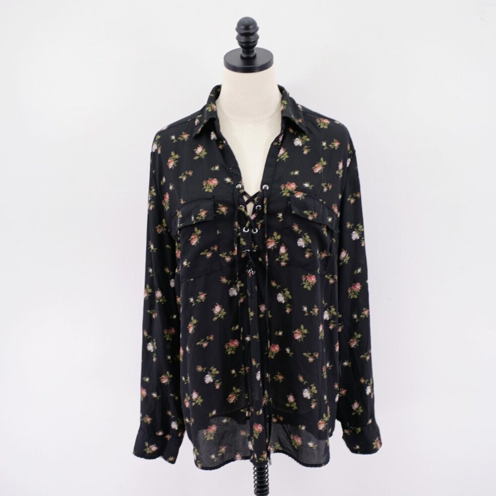 New York & Company Soho Jeans Sheer Black Collared Lace Front‎ Pocket Blouse XL